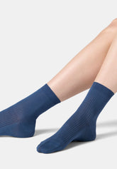 Chaussette Cheville en Fil d’Écosse Côtelé Fin - Bleu Jean - Jeans | Oroblù