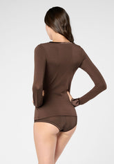 Maglia Scollo V Manica Lunga in Cotone e Modal Perfect Line Cotton - Marrone Scuro - Dark brown | Oroblù
