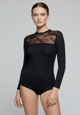 Maglia Carré in Pizzo Manica Lunga in Modal e Cashmere Perfect Line Cashmere Lace - Nero - Black | Oroblù