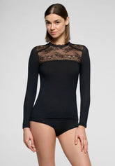 Langärmeliges Carré-Spitzen-Shirt aus Modal und Kaschmir Perfect Line Cashmere Lace - Schwarz - Black | Oroblù