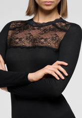 Langärmeliges Carré-Spitzen-Shirt aus Modal und Kaschmir Perfect Line Cashmere Lace - Schwarz - Black | Oroblù