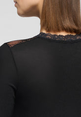 Langärmeliges Carré-Spitzen-Shirt aus Modal und Kaschmir Perfect Line Cashmere Lace - Schwarz - Black | Oroblù